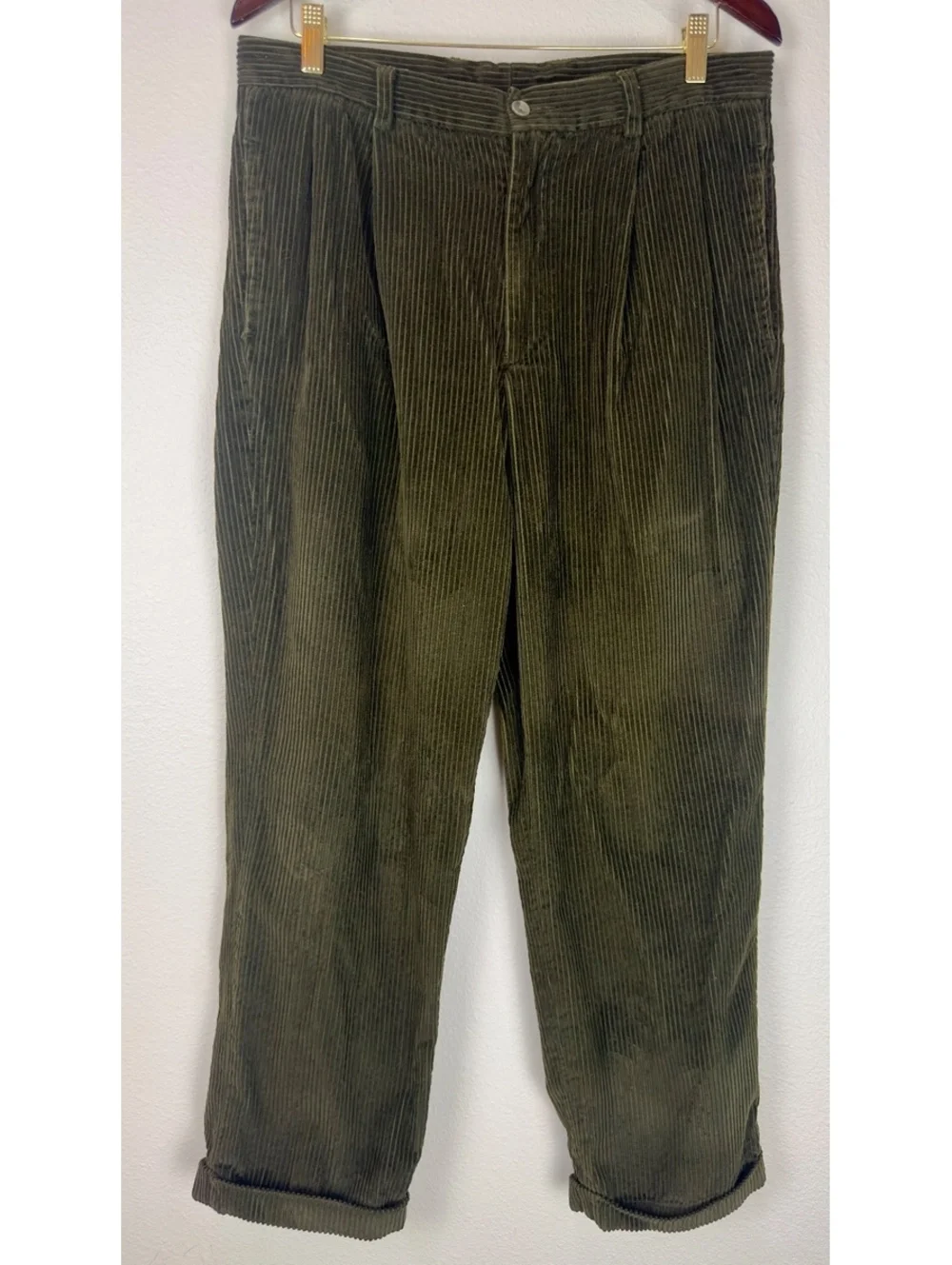 Perry Ellis Men’s Corduroy Pants 38/40 Olive Green Pleated Cuffed 100% Cotton